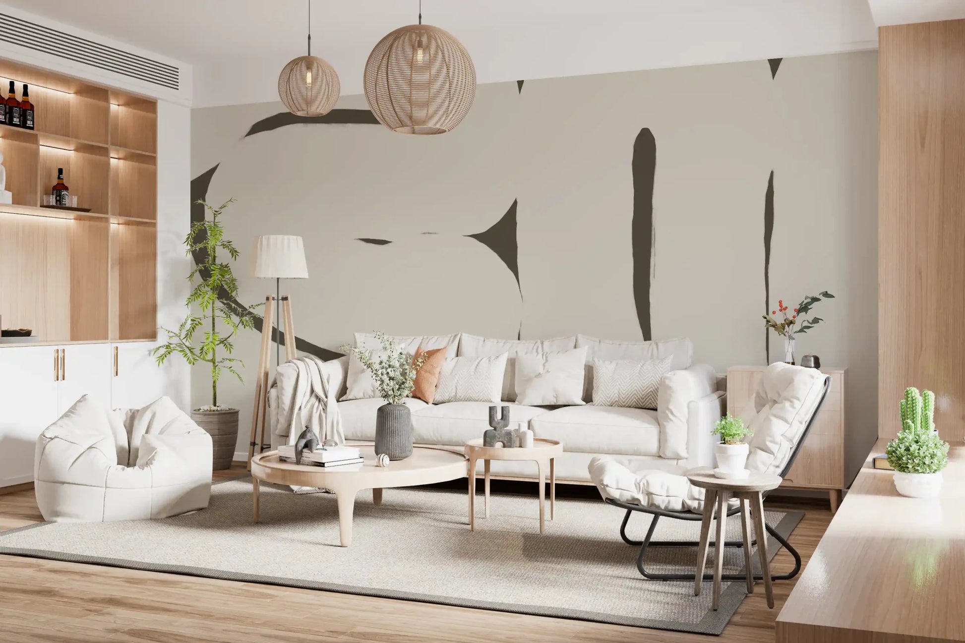 Minimal beige wall mural Silenced Current soft curve design