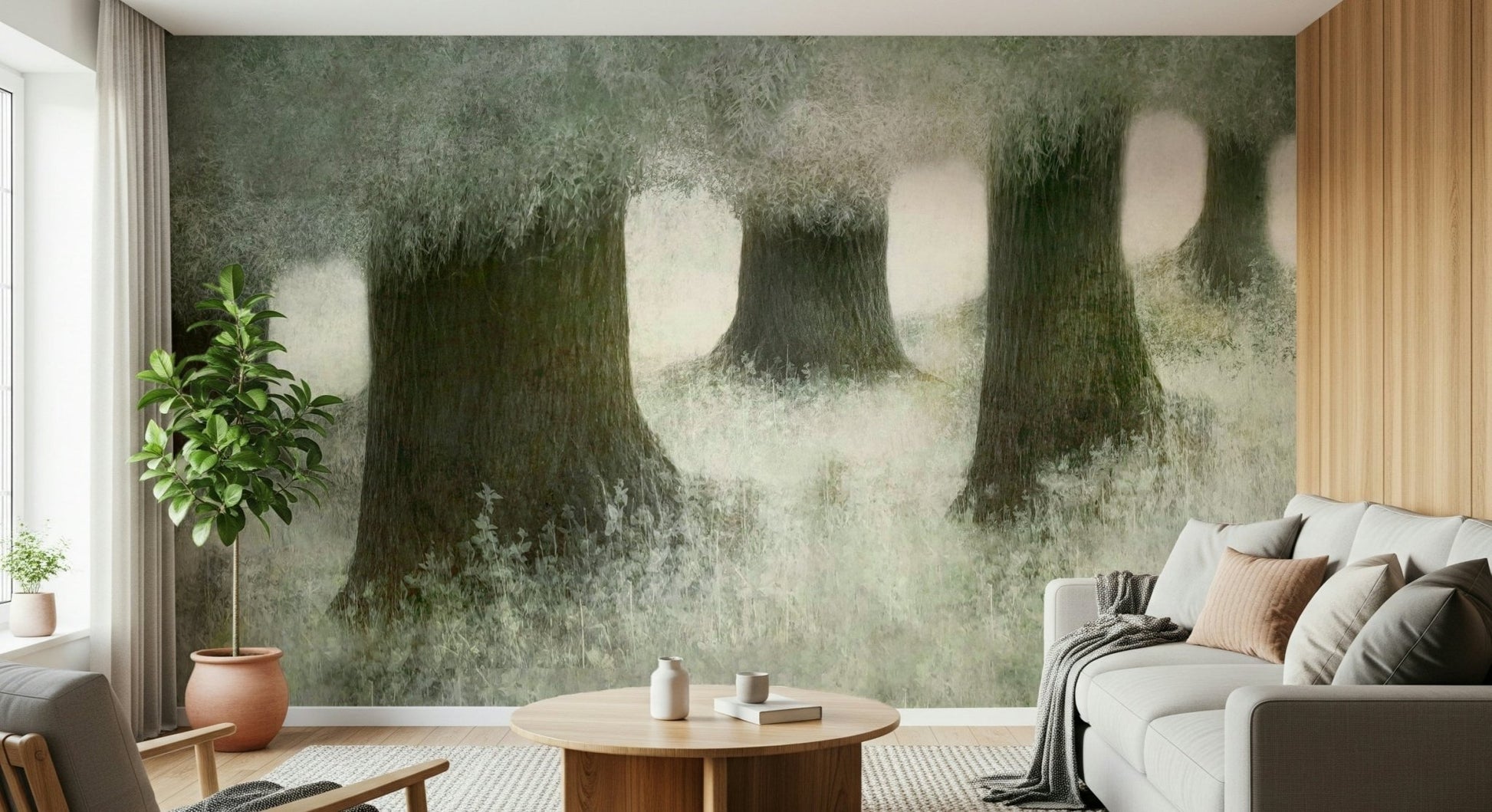 A contemplative misty forest wallpaper mural for a feature wall., GD5628