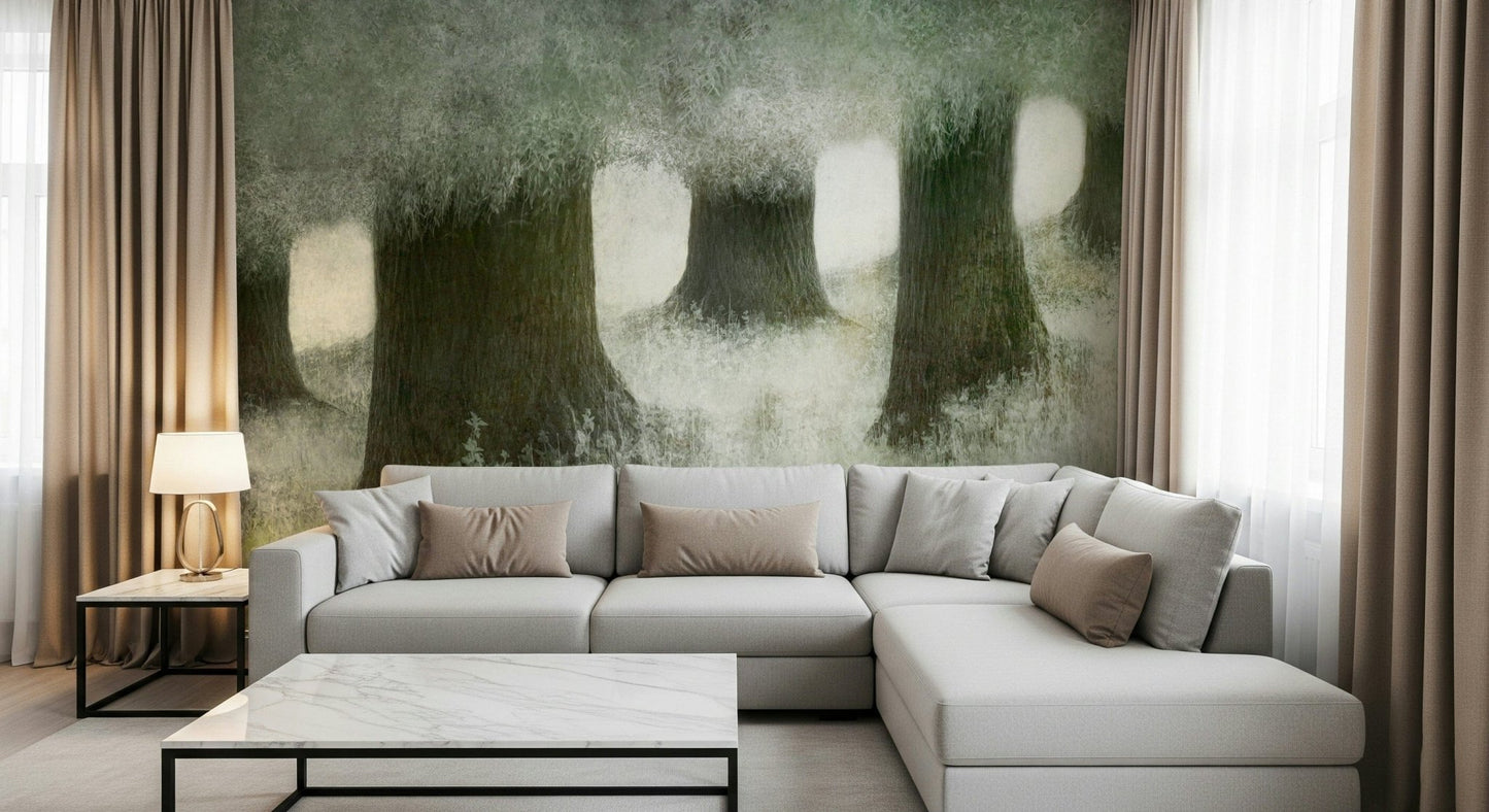 A peaceful woodland vista mural on decorative wallpaper., GD5628