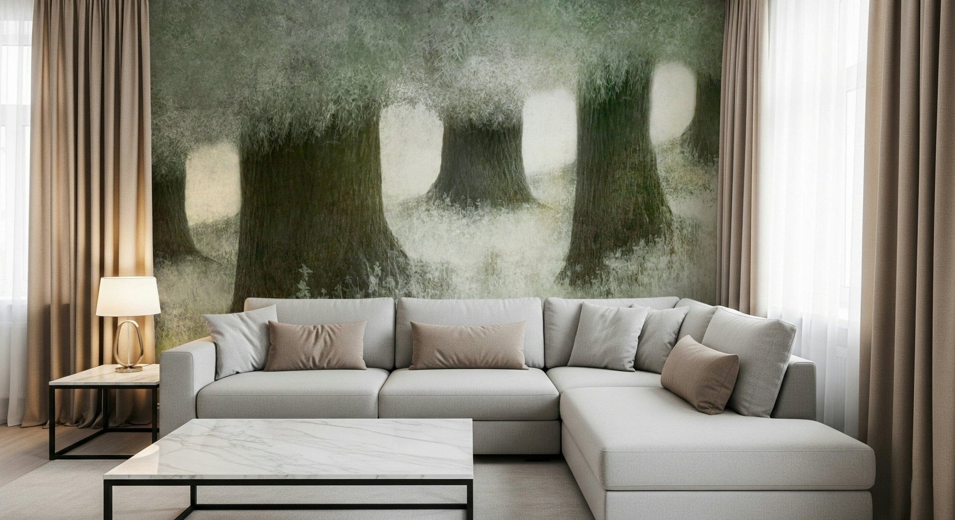 A peaceful woodland vista mural on decorative wallpaper., GD5628