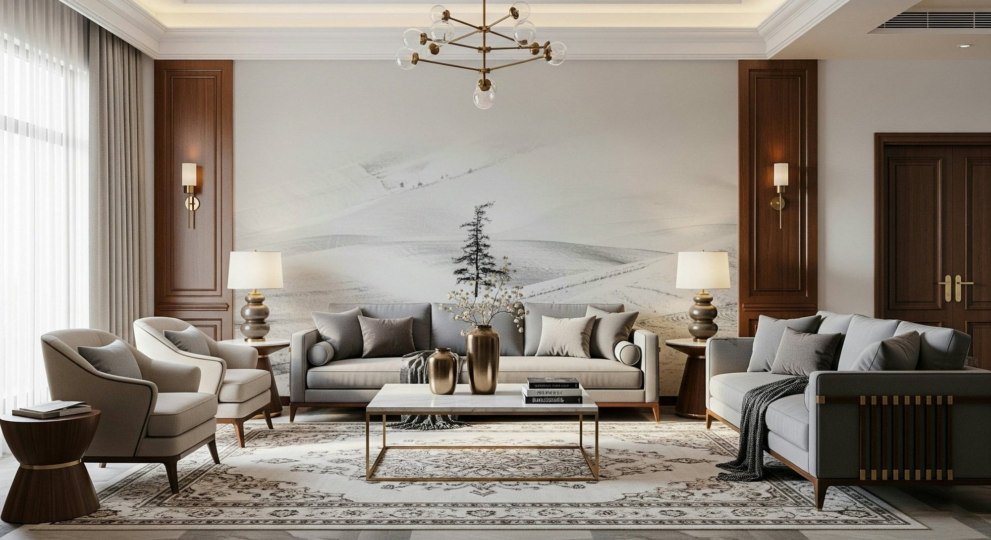 A beautiful panoramic vista wallpaper mural of silent, rolling hills with a subtle texture., GD5799