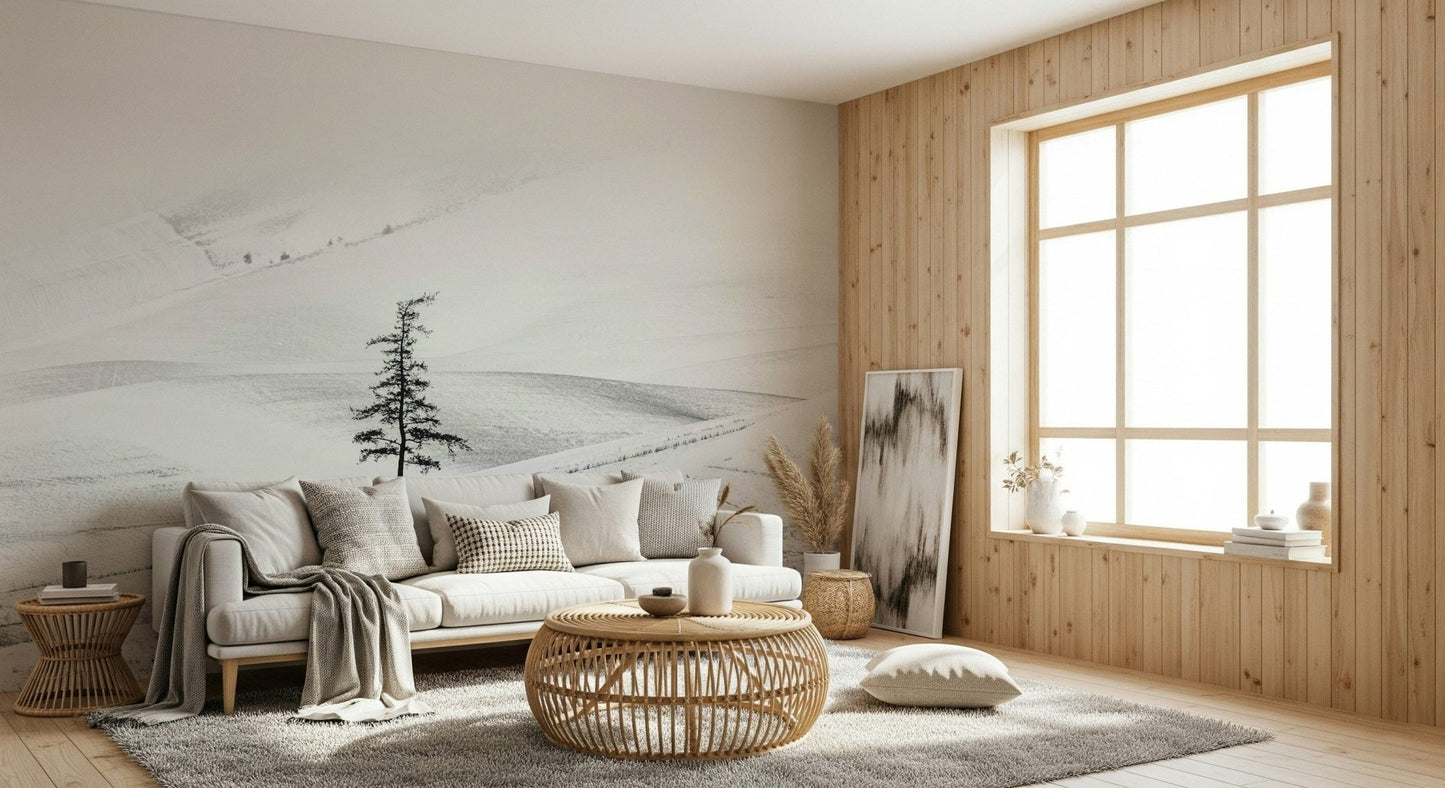 A beautiful wide-angle wall mural of a serene landscape.