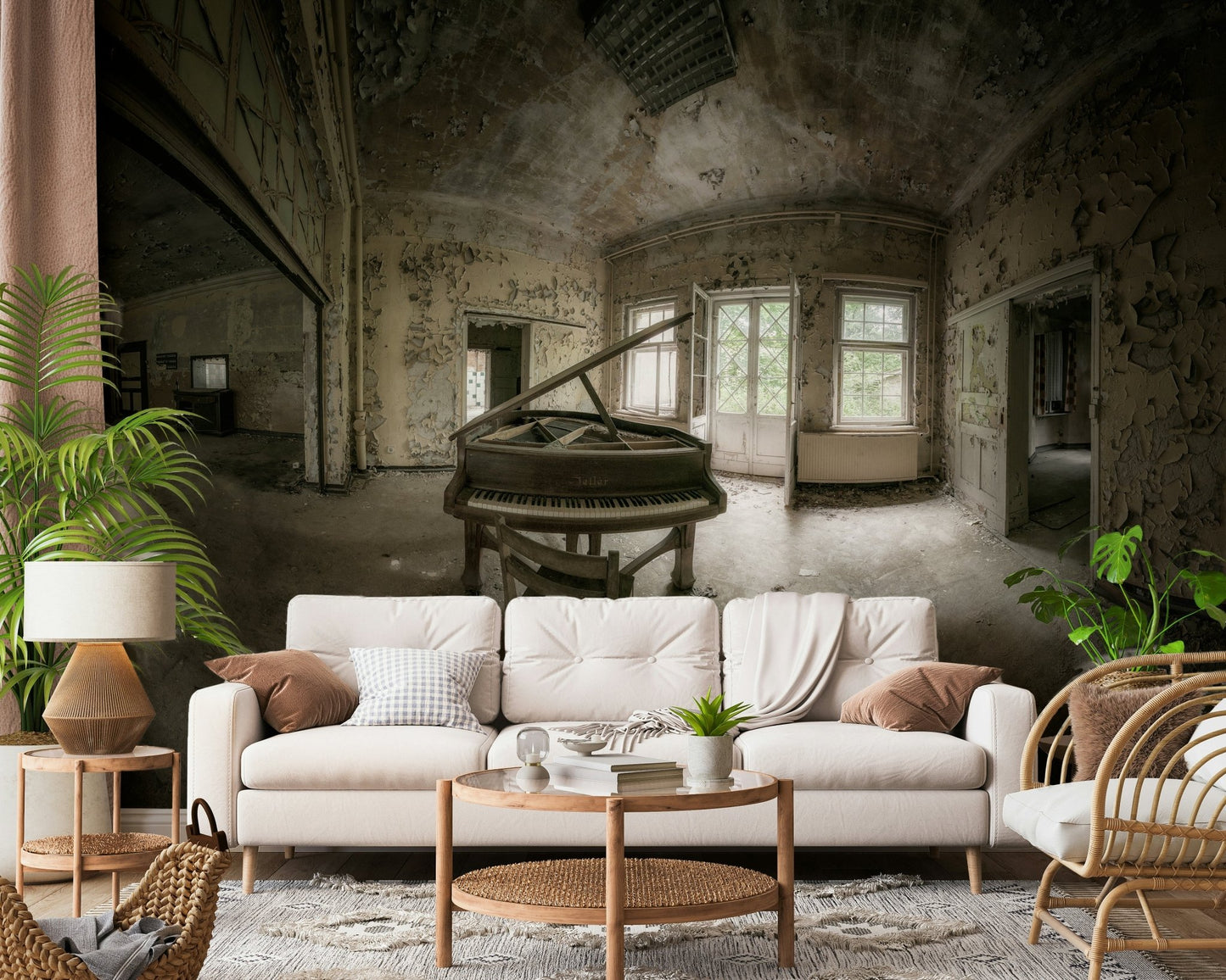 A calming abstract design wallpaper mural that defines a space.