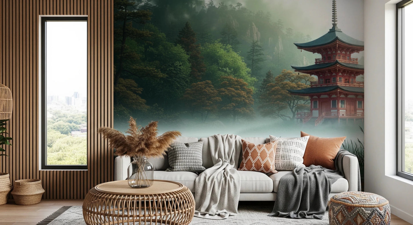 Living room with Silent Sanctuary Wall Mural behind a neatly styled bed, GD8880