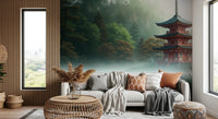 Living room with Silent Sanctuary Wall Mural behind a neatly styled bed, GD8880