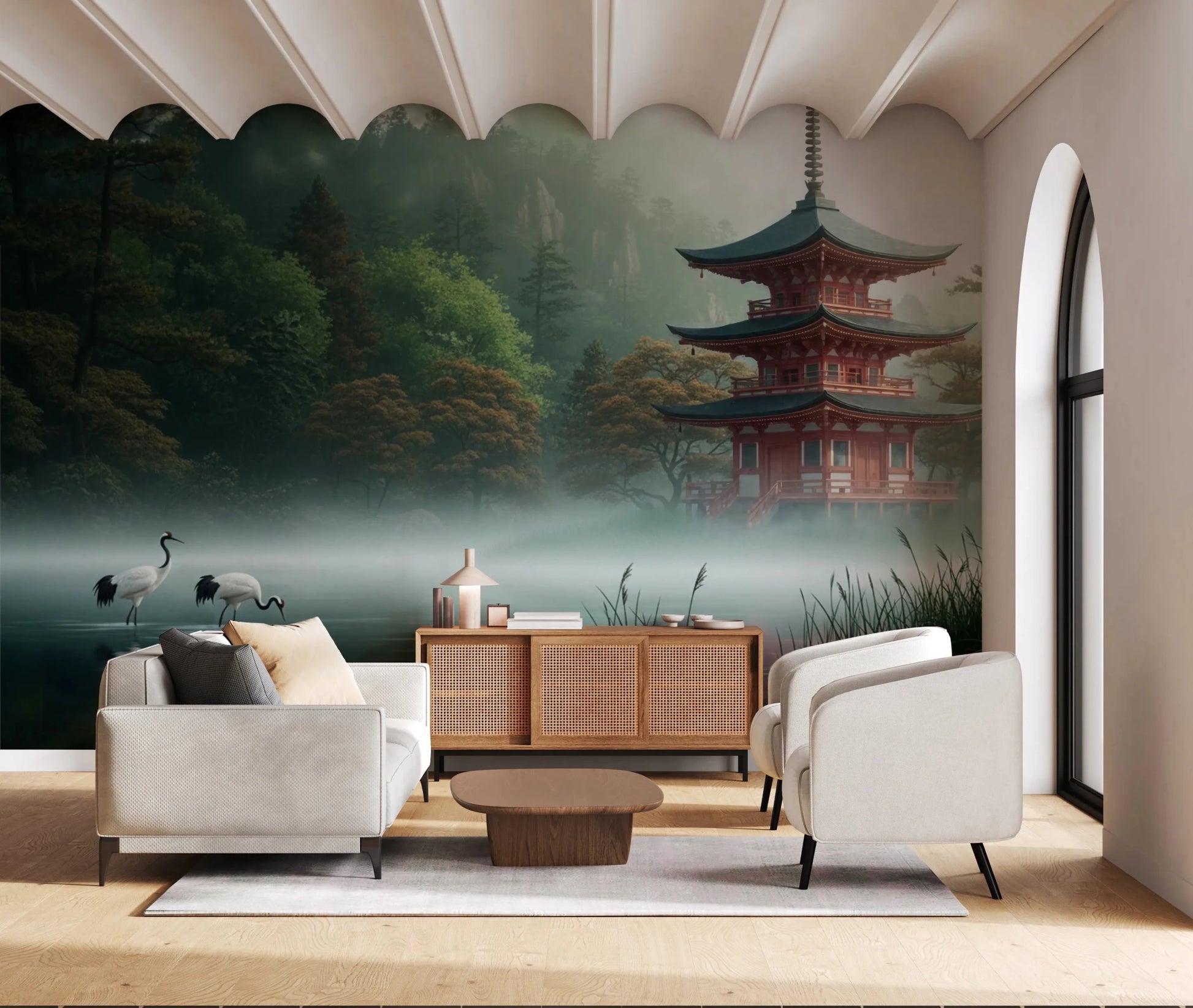Living room with Silent Sanctuary Wall Mural and a calm waterside backdrop, GD8880