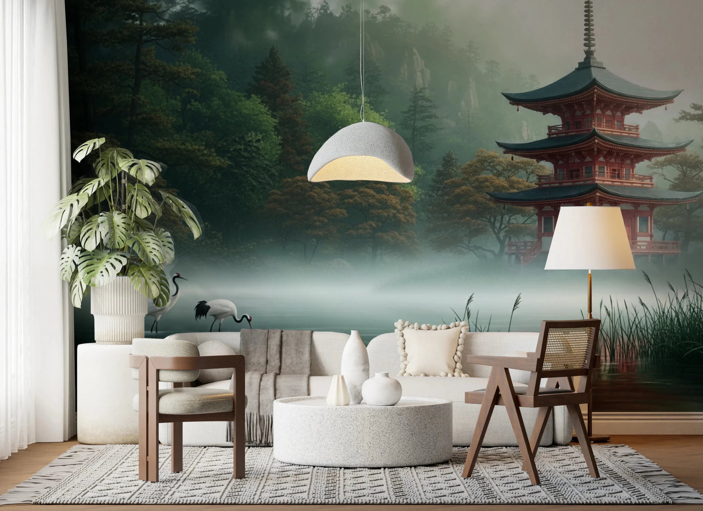 living room with Silent Sanctuary Wall Mural and a soft glowing lamp scene, GD8880