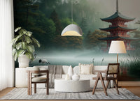 living room with Silent Sanctuary Wall Mural and a soft glowing lamp scene, GD8880