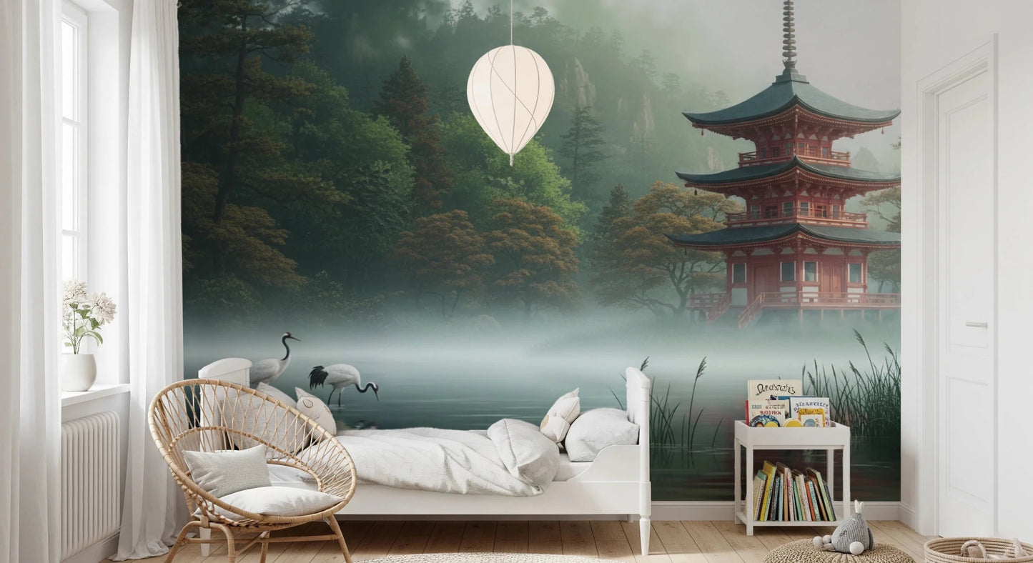 Bedroom with Silent Sanctuary Wall Mural and a moonlit pagoda backdrop, GD8880