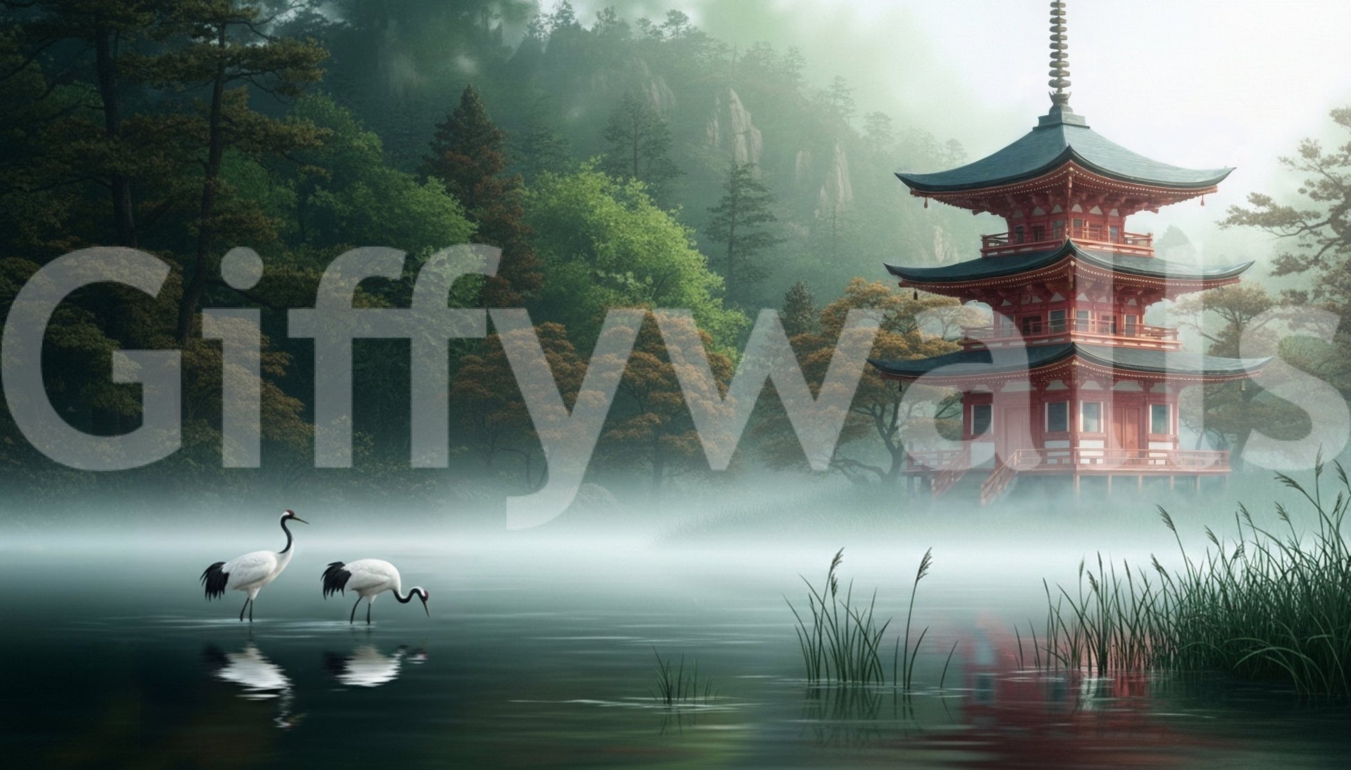 Forest and pagoda scene in Silent Sanctuary Wall Mural with cranes on calm water, GD8880