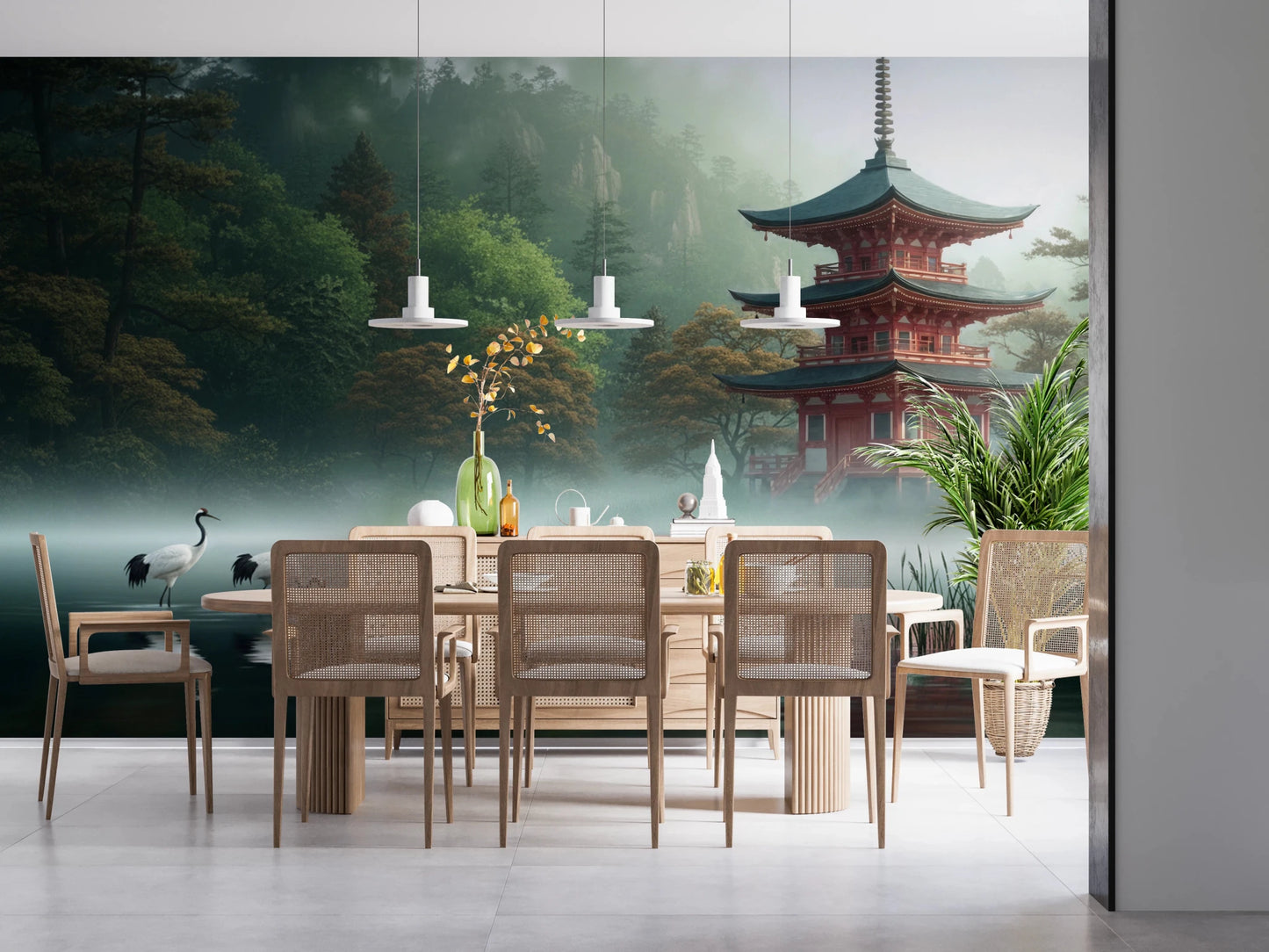 Dining room with Silent Sanctuary Wall Mural and a moonlit lake setting, GD8880