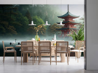 Dining room with Silent Sanctuary Wall Mural and a moonlit lake setting, GD8880