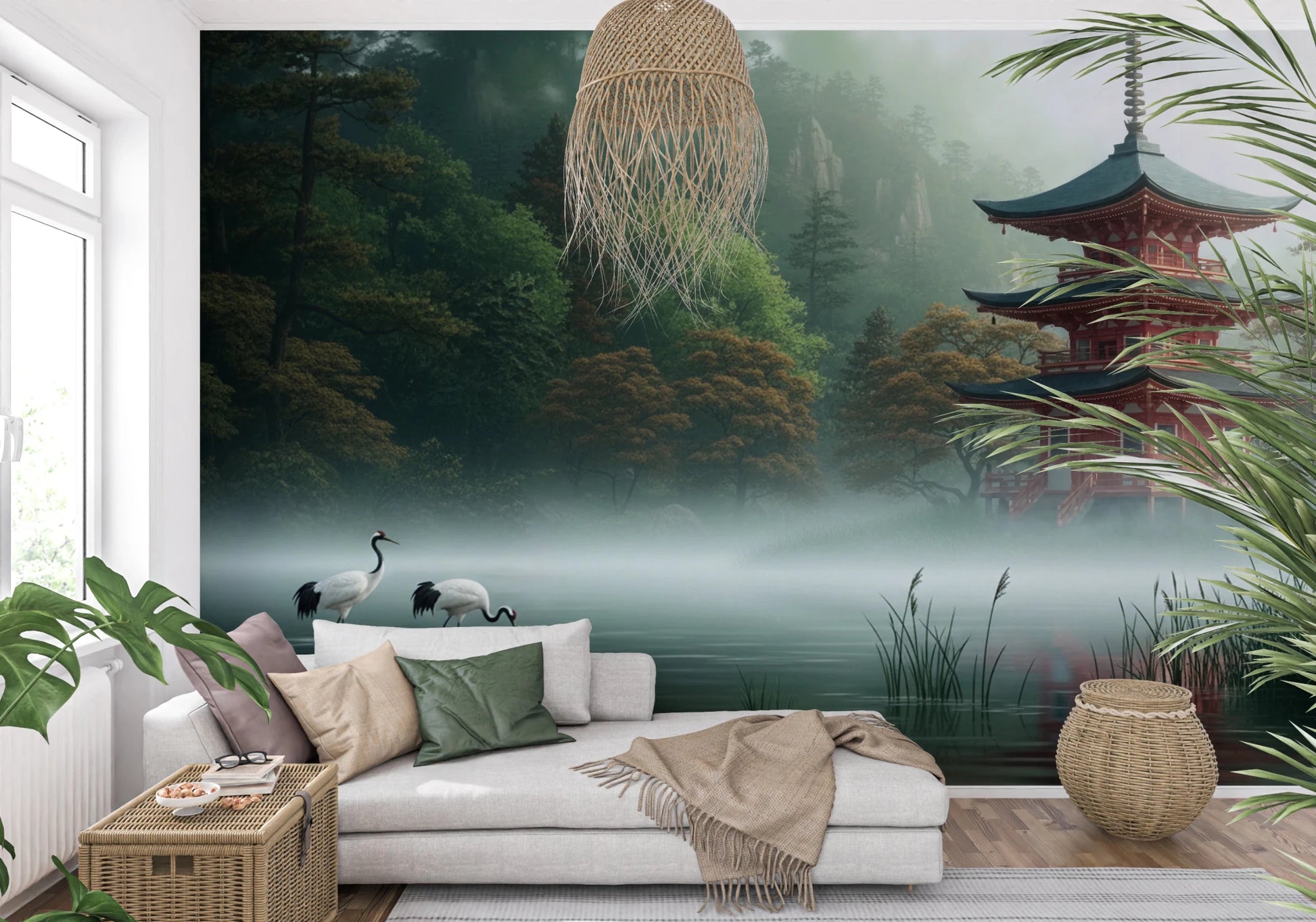 Living nook with Silent Sanctuary Wall Mural and a misty pagoda lake view, GD8880