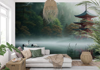 Living nook with Silent Sanctuary Wall Mural and a misty pagoda lake view, GD8880