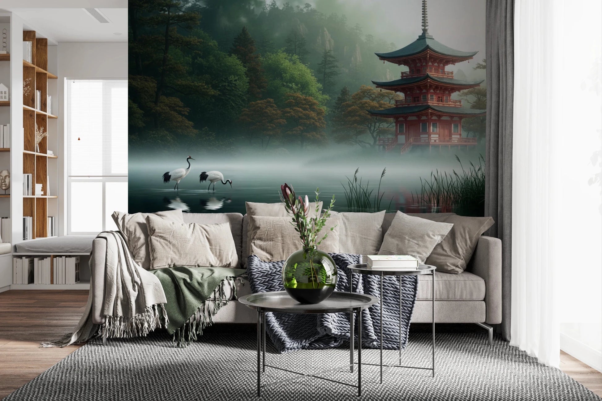 Living room area with Silent Sanctuary Wall Mural and a calm lake panorama, GD8880