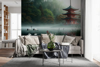 Living room area with Silent Sanctuary Wall Mural and a calm lake panorama, GD8880