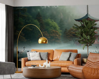 Lounge with Silent Sanctuary Wall Mural and a serene pagoda scene, GD8880