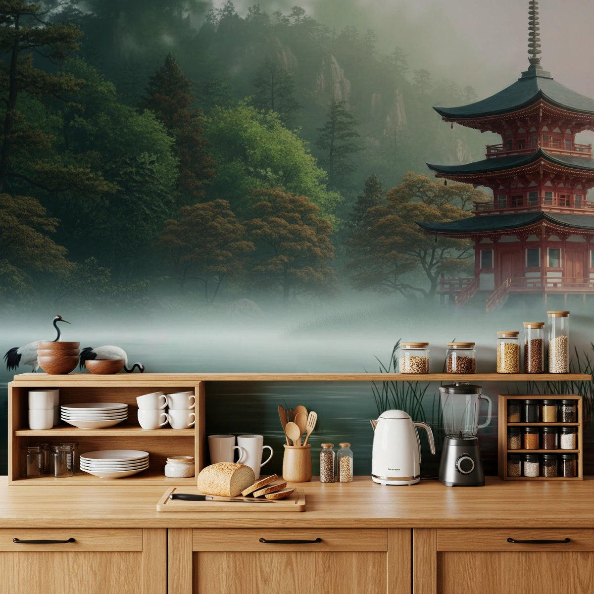 Kitchen with Silent Sanctuary Wall Mural and a misty forest lake view, GD8880