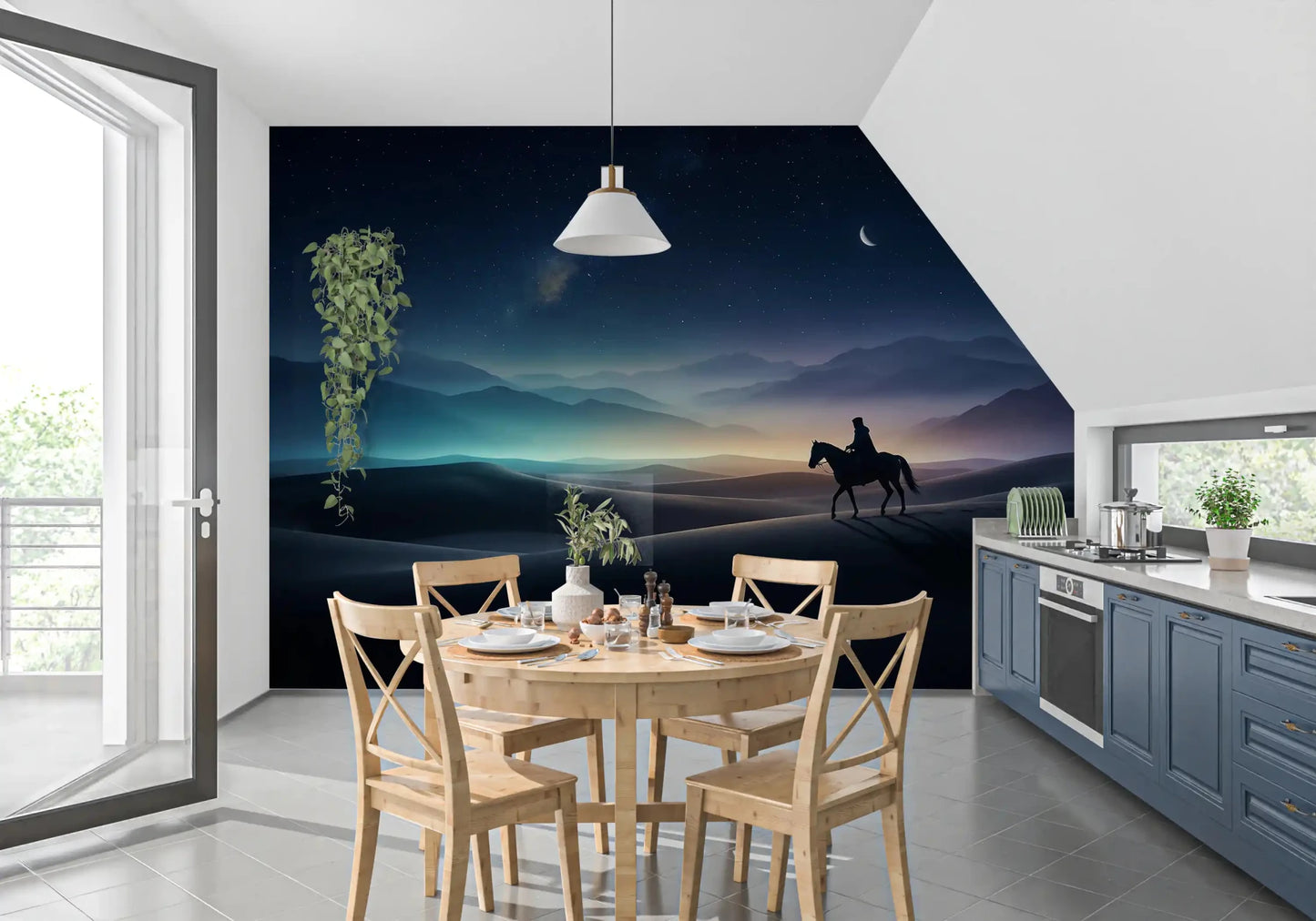 Dining rooms become atmospheric with this cosmic desert sky wall mural in place.GD9590