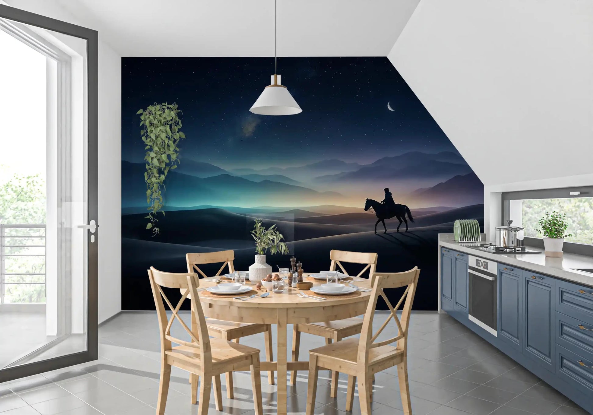 Dining rooms become atmospheric with this cosmic desert sky wall mural in place.GD9590