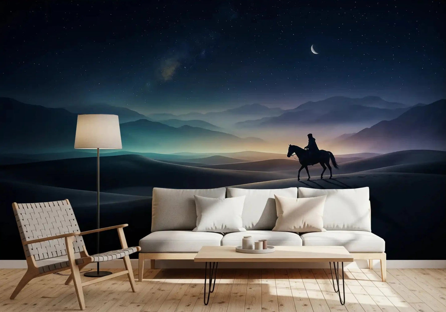 Dim lights frame a living room beautifully against this cosmic desert wall mural.GD9590