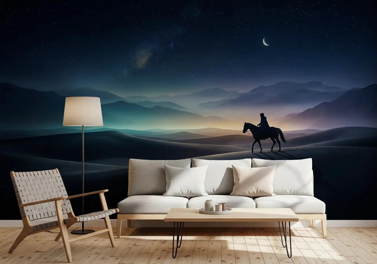 Dim lights frame a living room beautifully against this cosmic desert wall mural.GD9590