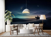 Layered mountain ridges fade into pale teal at the horizon of this cosmic sky wall mural.GD9590