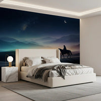 A horse and rider stand silhouetted on a high ridge in this silent sands wall mural.GD9590