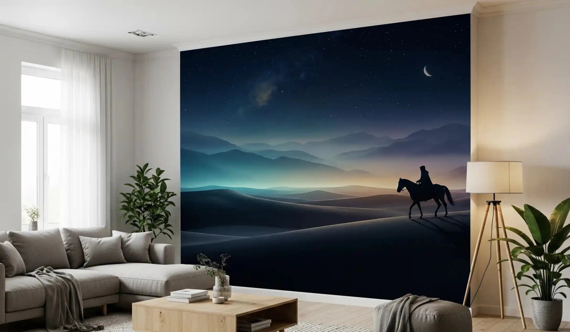 An evening lounge feels darker and richer beneath this silent sands cosmic wall mural.GD9590