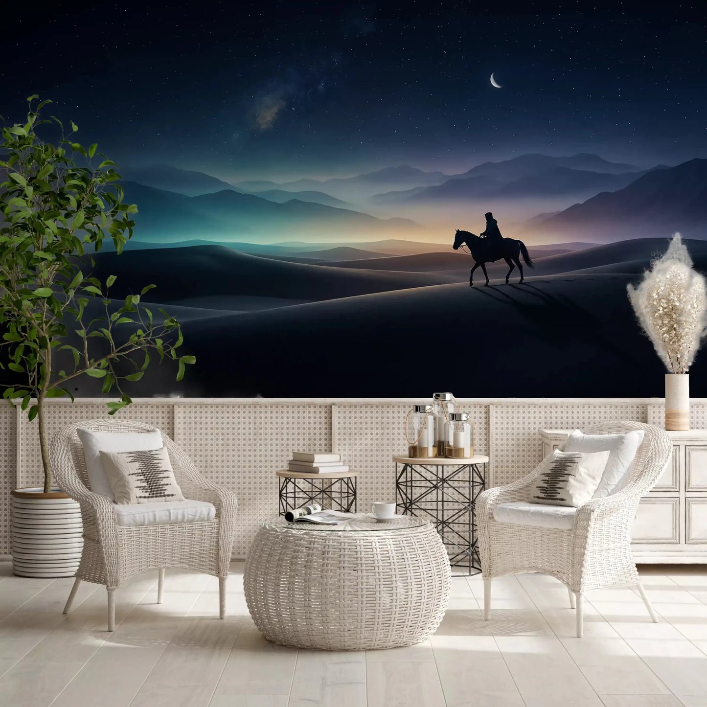 Pinpoint stars fill the deep night sky throughout this cosmic light wall mural.GD9590