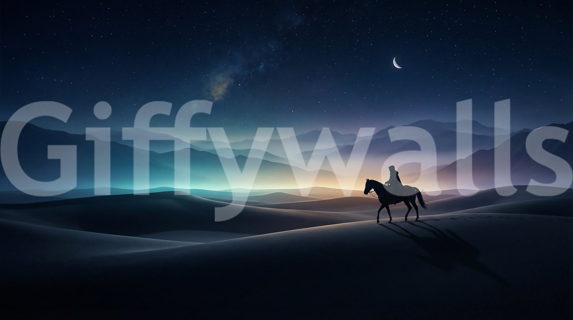 A thin crescent moon glows over distant ridges in this lone rider wall mural.GD9590
