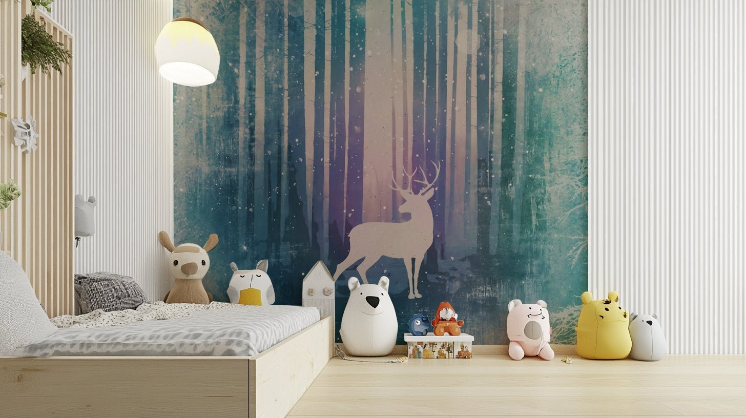 Silent Winter Woods wall mural showing a pale deer in a snowy blue forest GD4994
