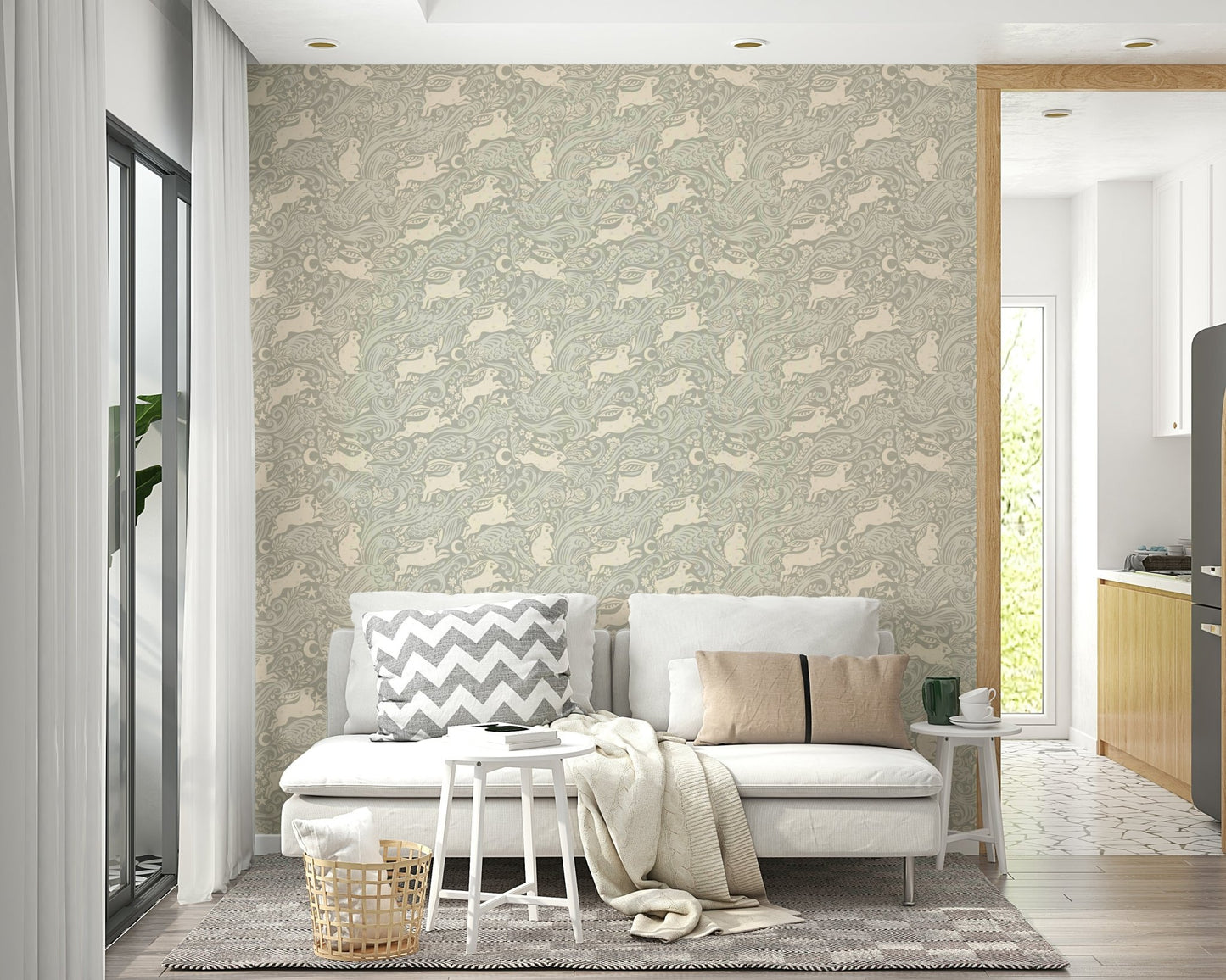 Soft grey rabbit wallpaper with floral accents