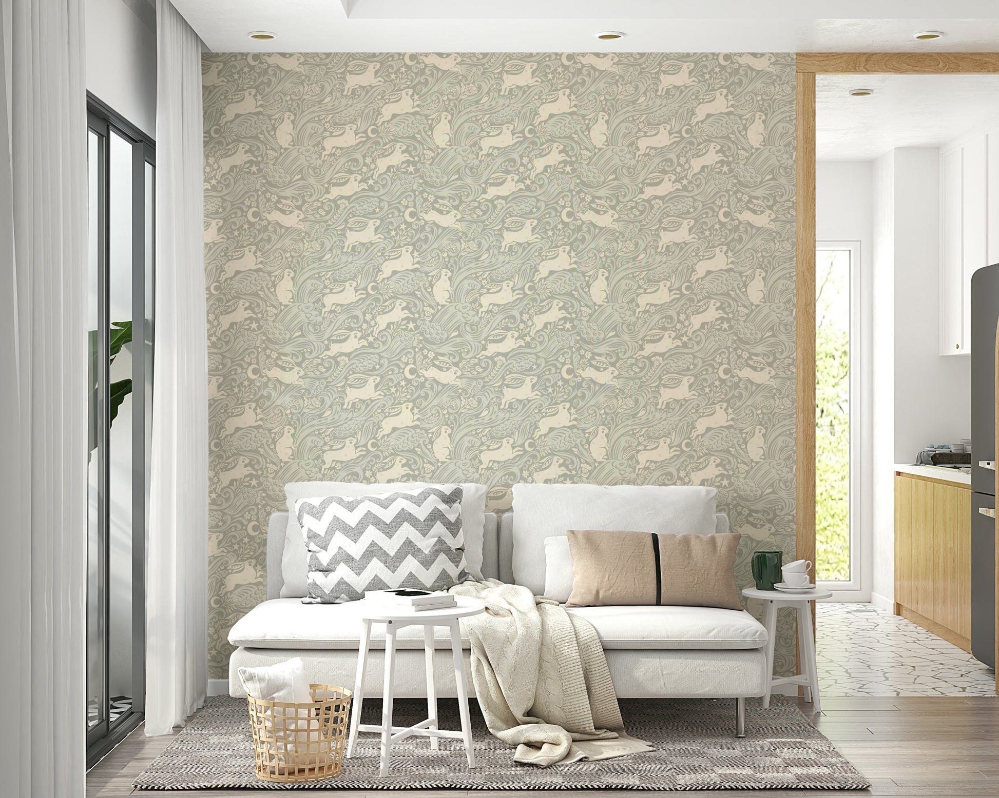 Soft grey rabbit wallpaper with floral accents