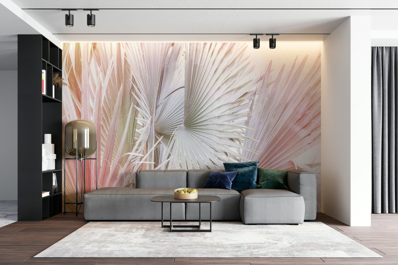 Silver fan palm mural wallpaper with leaf pattern

