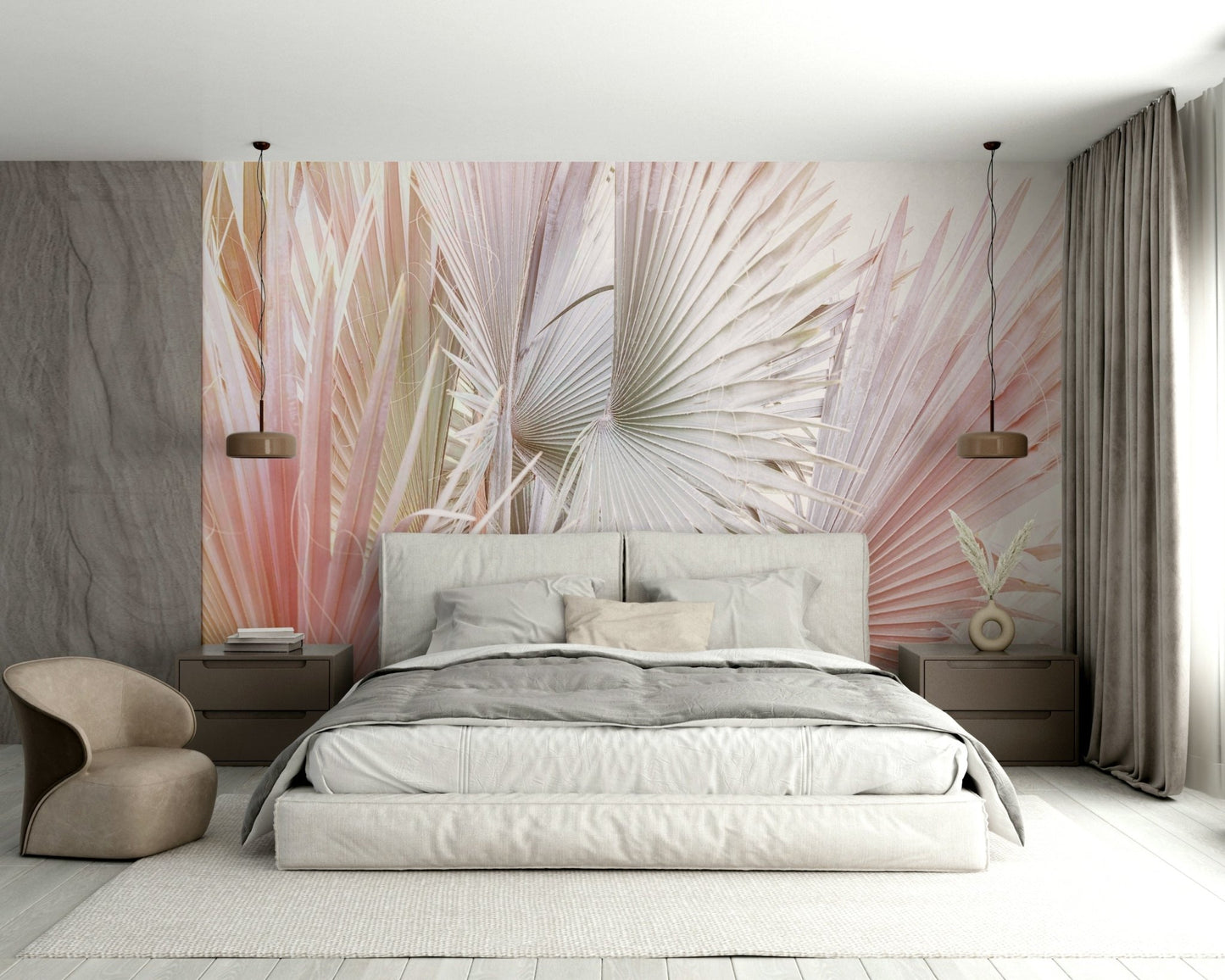 Mural wallpaper with modern silver palm design

