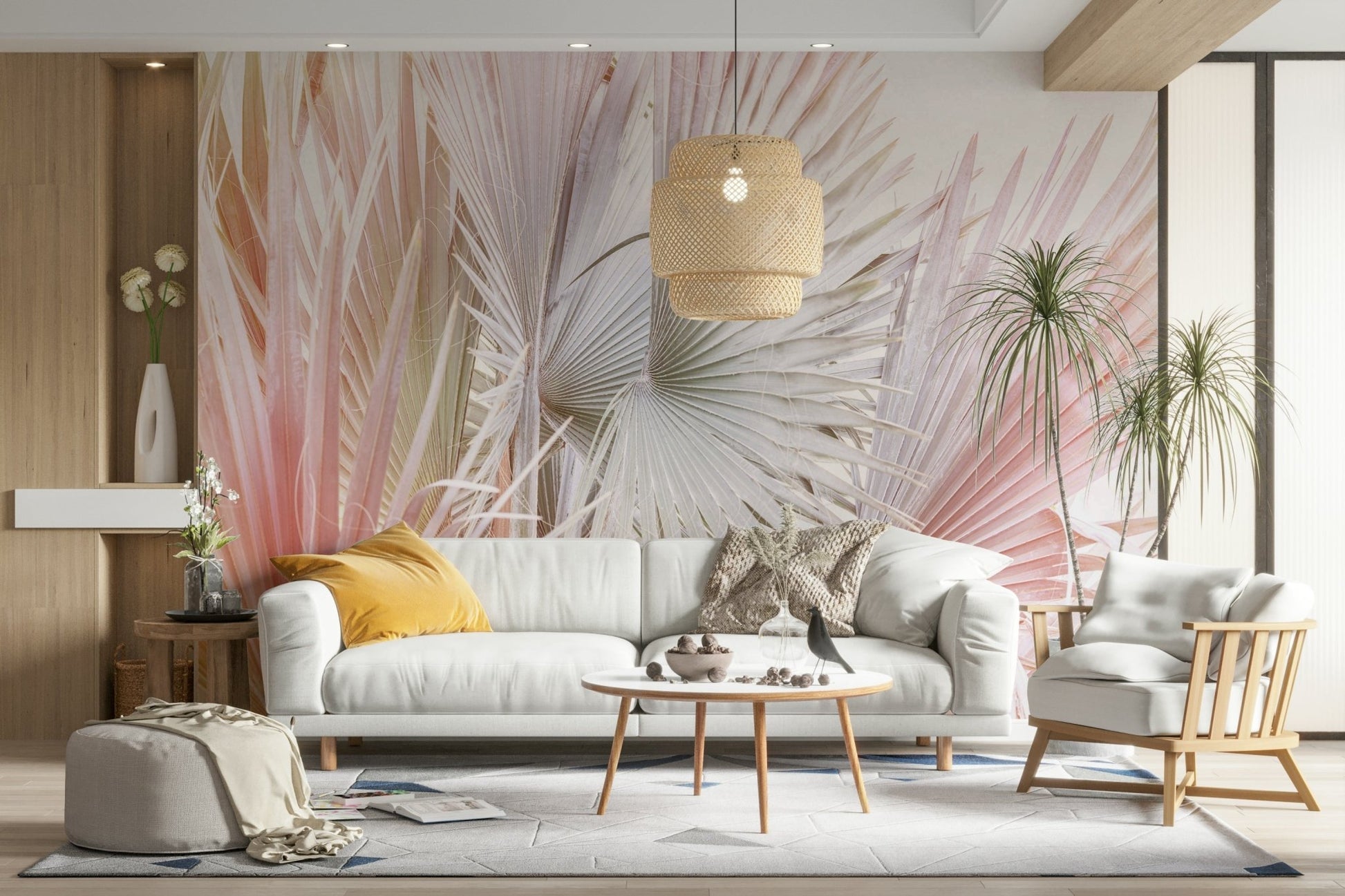 Subtle tropical leaf mural in muted shades

