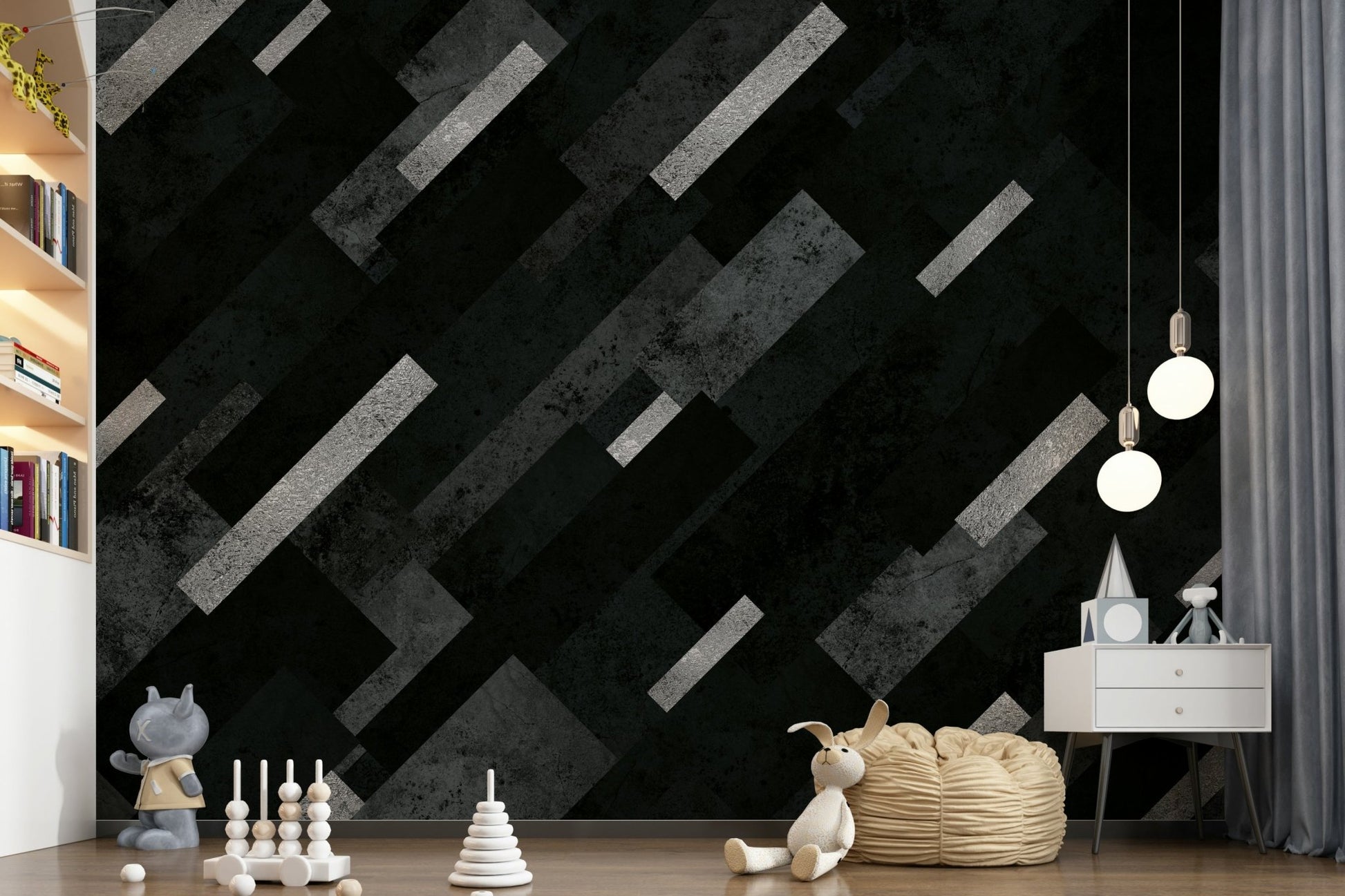 Silver Grey Charcoal Layered Pattern Wall Mural creating a feature wall.