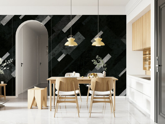 Silver Grey Charcoal Layered Pattern Wall Mural in a modern lounge.
