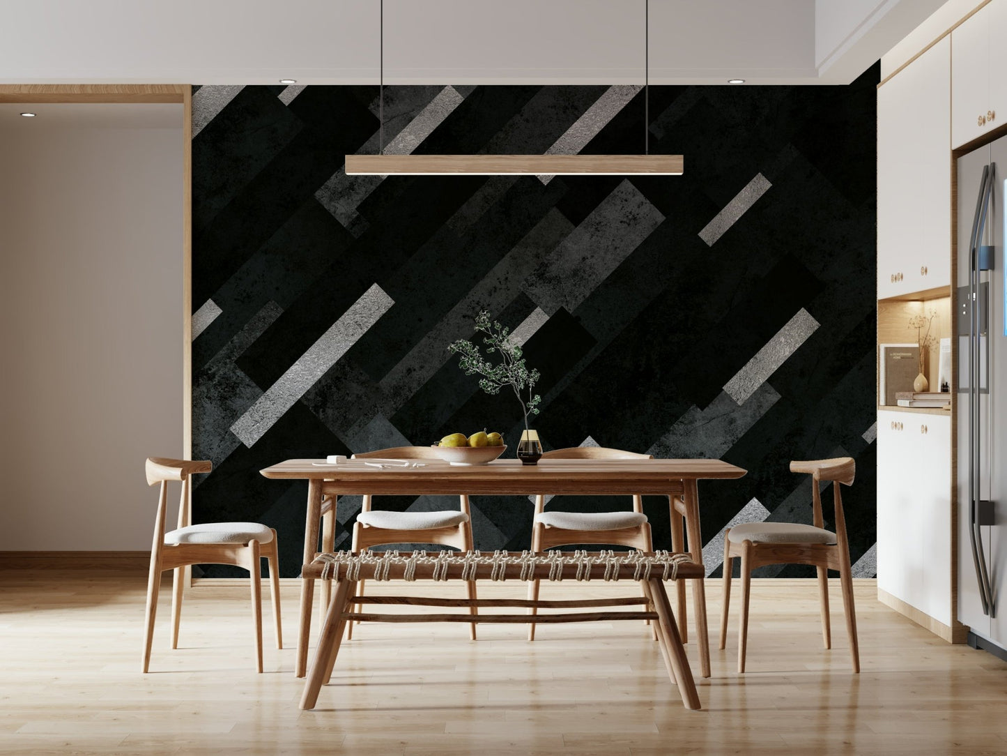Minimalist dining area with the elegant Silver Grey Charcoal Layered Pattern Wall Mural.
