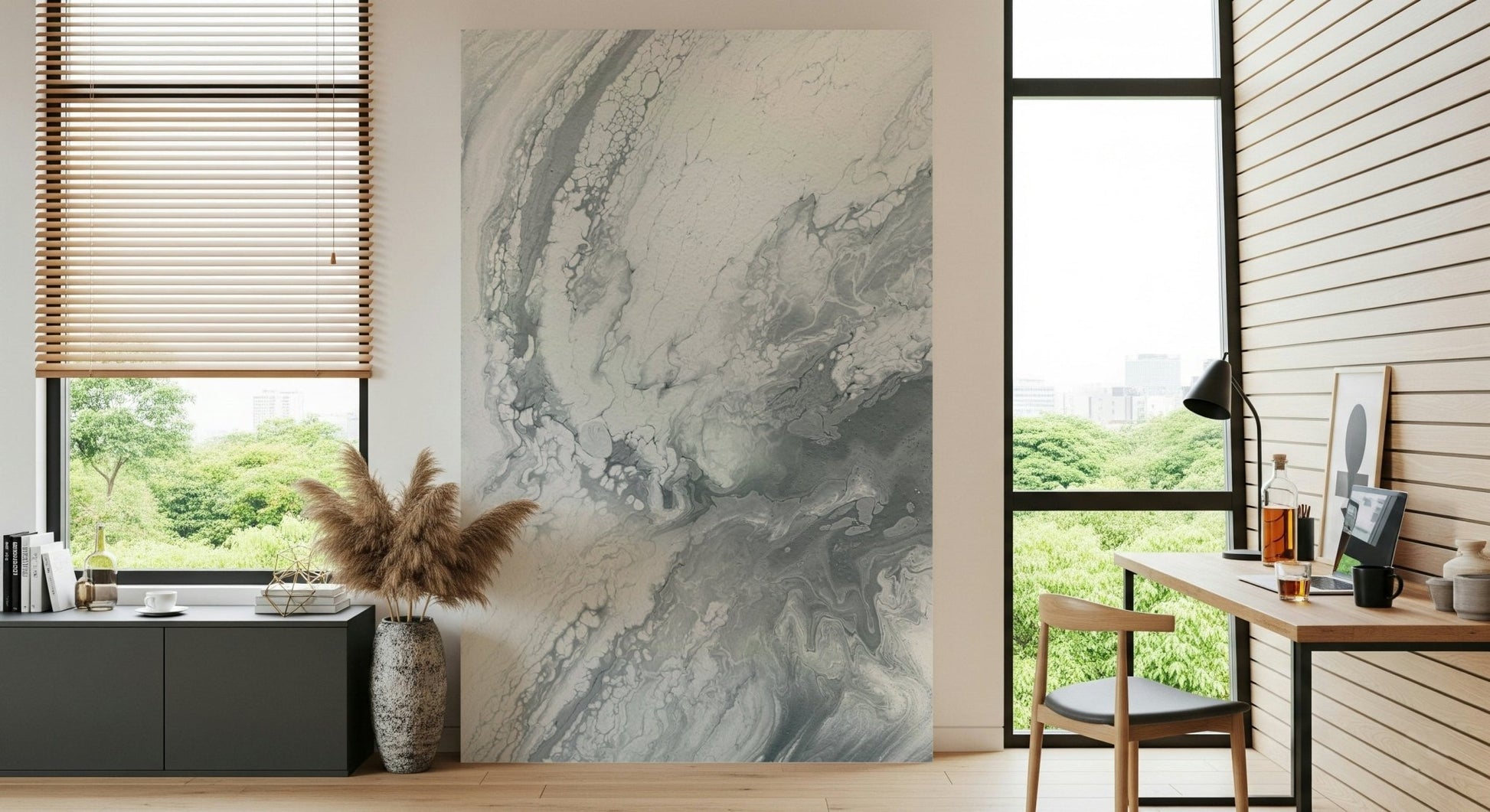 Detailed look at the subtle sheen in the Silver Swirls peel and stick wallpaper.