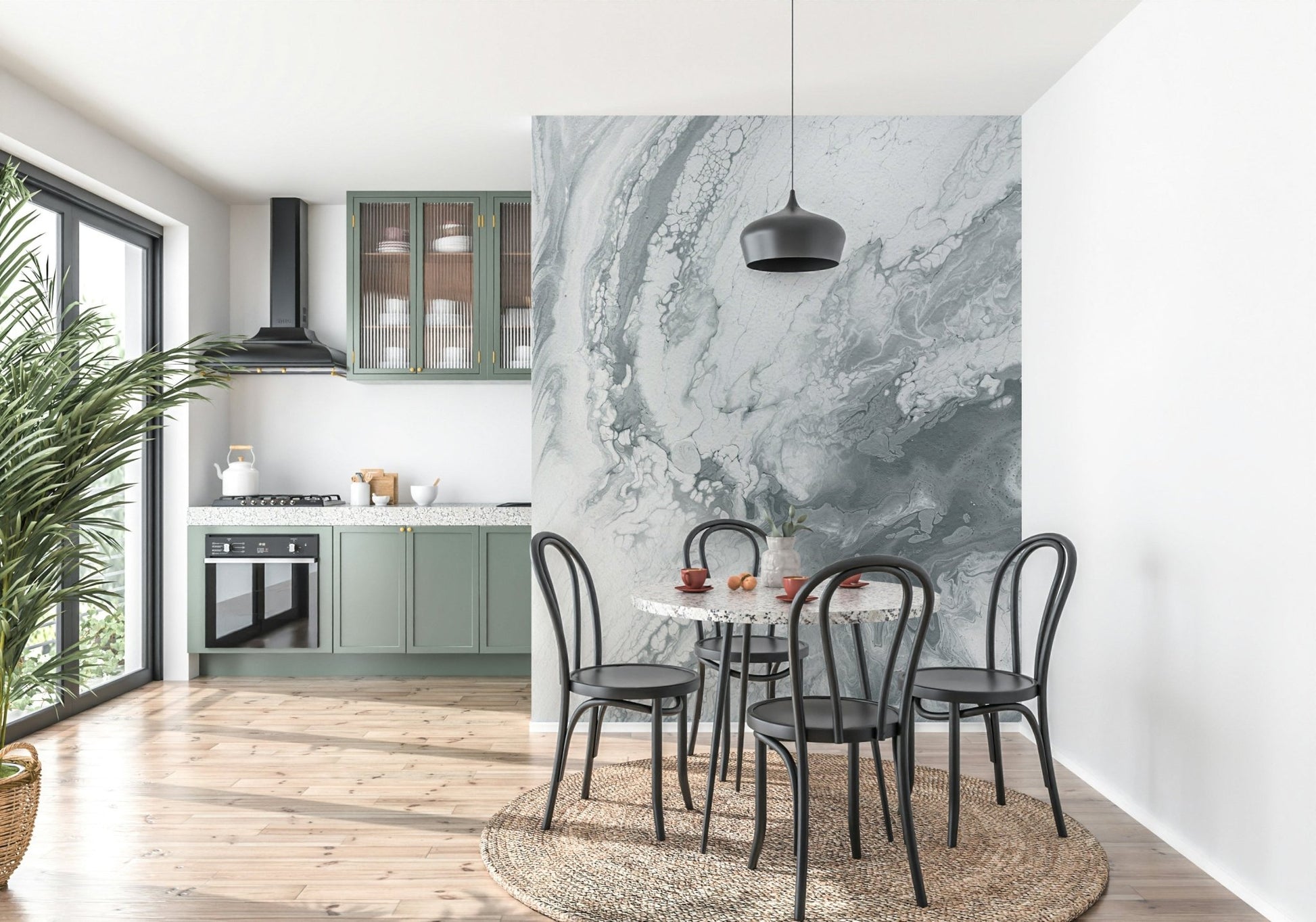 Silver Swirls Wall Mural creating an elegant, dramatic living room feature wall.