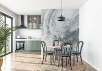 Silver Swirls Wall Mural creating an elegant, dramatic living room feature wall.