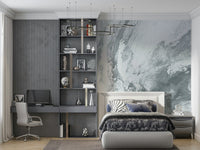 Luxurious bedroom accent wall featuring the captivating Silver Swirls peel and stick wallpaper.