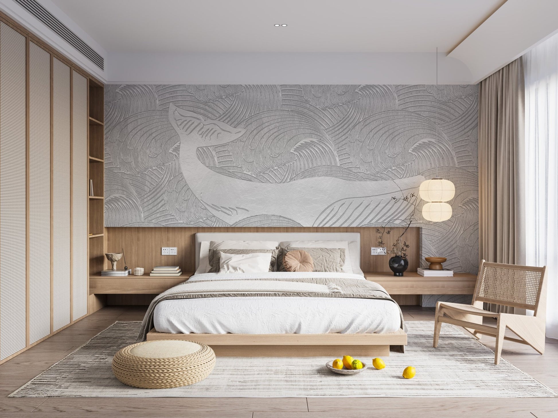 Kids bedroom silver whale wallpaper mural decor
