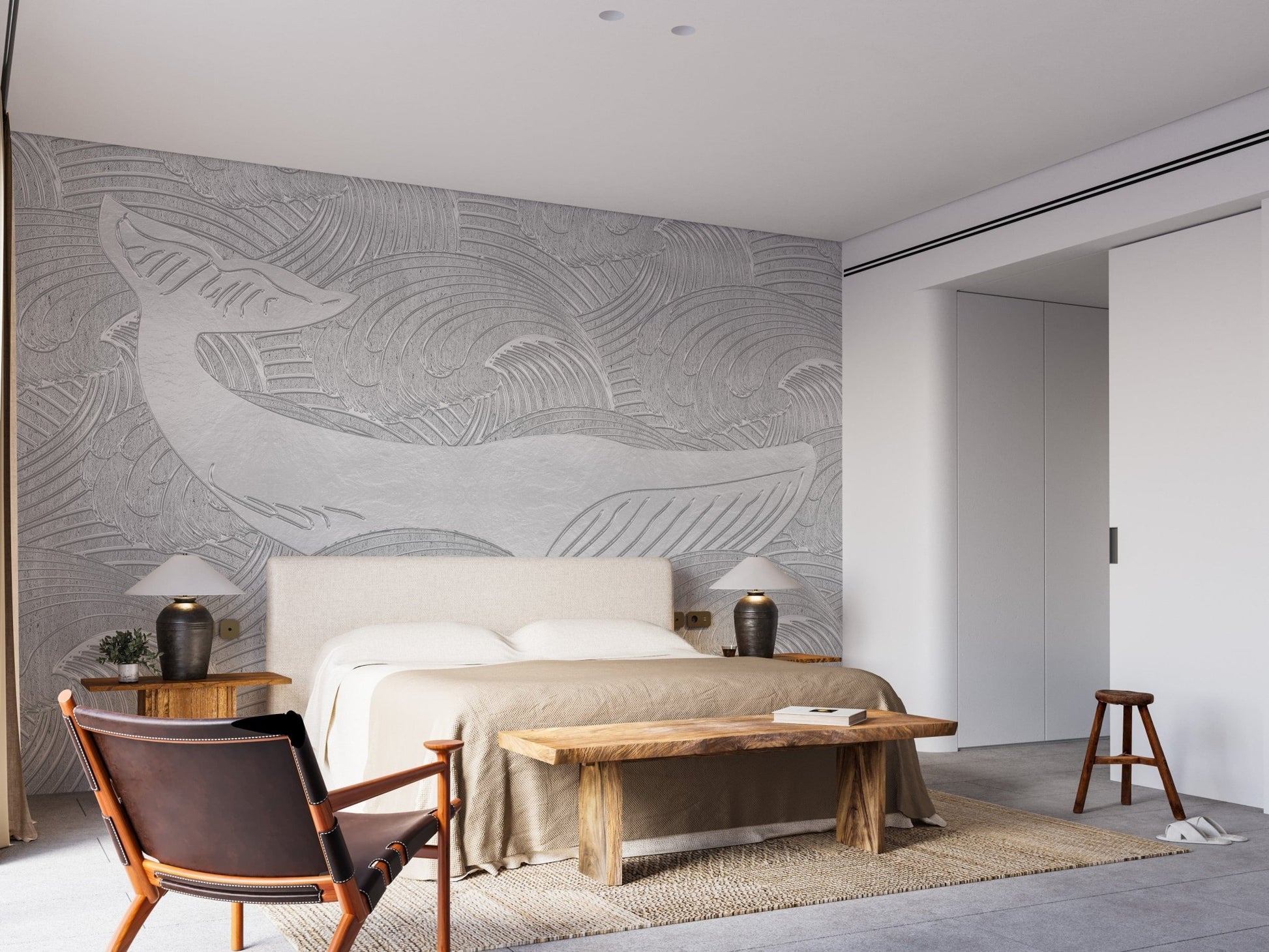 Ocean-inspired silver whale wallpaper mural
