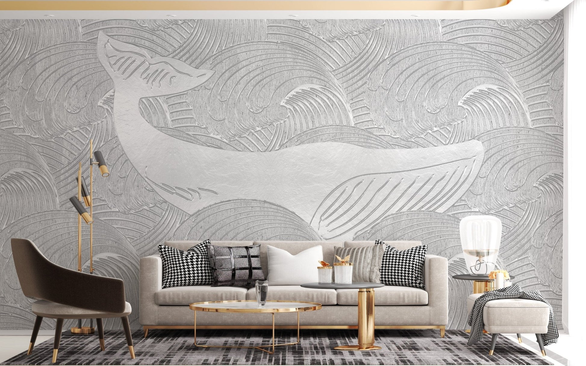 Handmade silver whale kids wallpaper mural
