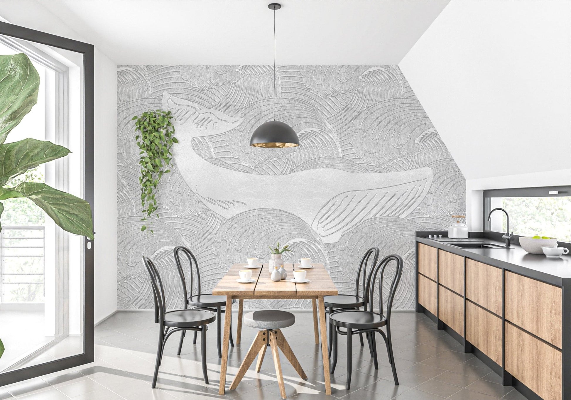 Whale-themed kids room wallpaper mural design
