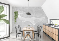 Whale-themed kids room wallpaper mural design
