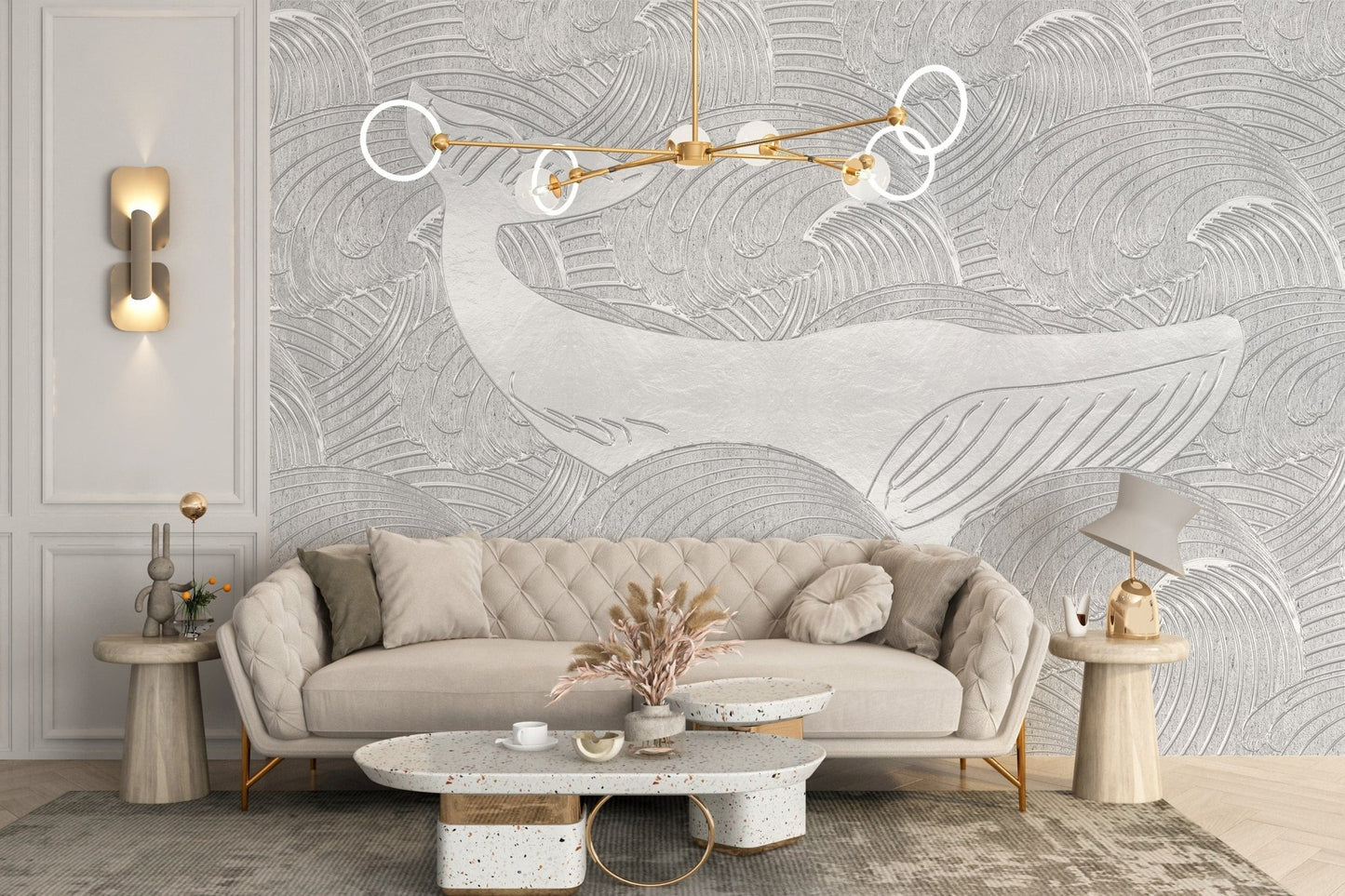 Nautical kids' wallpaper with silver whales

